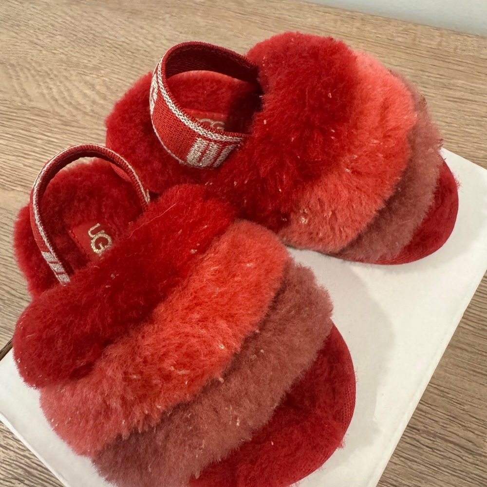 UGG Kids Red and Brown Fluffy Slippers